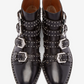 Black Cowhide Studded Buckles Round Toe Motorcycle Boots