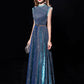 Steel Blue Jewel Neck Sequined Floor-Length Formal Bridesmaid Dress