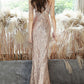 Champagne Jewel Neck Sleeveless Sequined Chain Pleated Mermaid Prom Dress