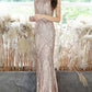 Champagne Jewel Neck Sleeveless Sequined Chain Pleated Mermaid Prom Dress