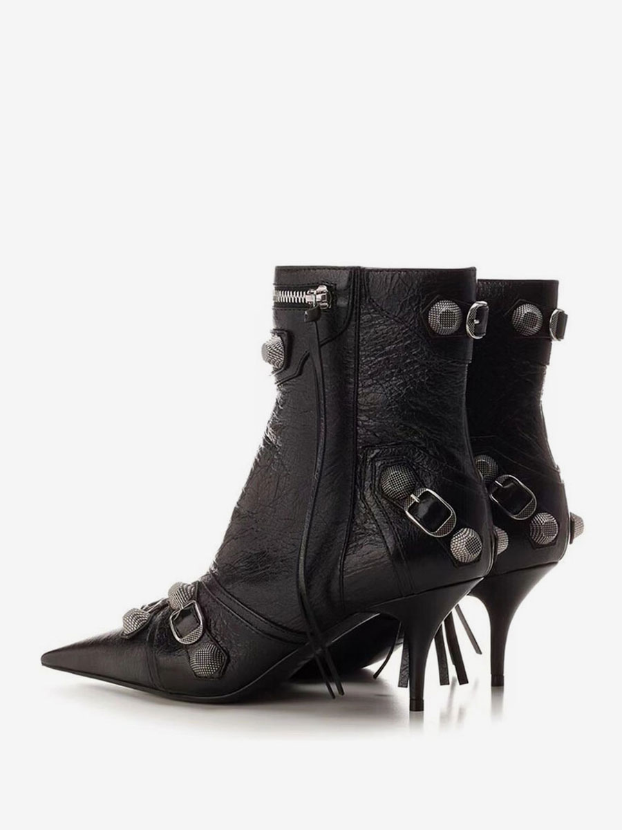 PU Bright Leather Pointed Toe Stiletto Metal Buckle Ankle Boots