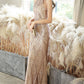 Champagne Jewel Neck Sleeveless Sequined Chain Pleated Mermaid Prom Dress