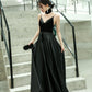 Black Satin V-Neck Spaghetti Straps Velour Floor-Length Bridesmaid Dress