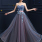 Steel Blue Applique Lace Up Strapless Tulle Floor Length Party Dress