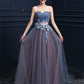 Steel Blue Applique Lace Up Strapless Tulle Floor Length Party Dress