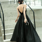 Black Satin V-Neck Spaghetti Straps Velour Floor-Length Bridesmaid Dress