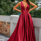 Red Satin V-Neck Backless Long Formal Bridesmaid Dress