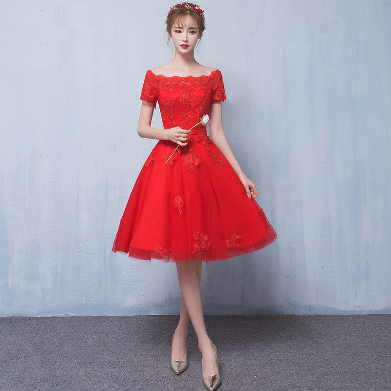 Red Mesh Lace Embroidered Short Prom Dress