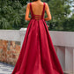 Red Satin V-Neck Backless Long Formal Bridesmaid Dress