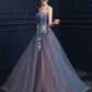 Steel Blue Applique Lace Up Strapless Tulle Floor Length Party Dress