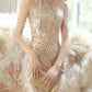 Champagne Jewel Neck Sleeveless Sequined Chain Pleated Mermaid Prom Dress