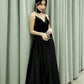 Black Satin V-Neck Spaghetti Straps Velour Floor-Length Bridesmaid Dress