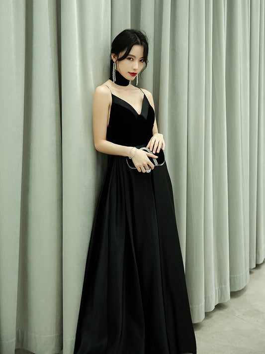 Black Satin V-Neck Spaghetti Straps Velour Floor-Length Bridesmaid Dress