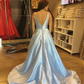 Blue Open Back Brush Train Evening Dress