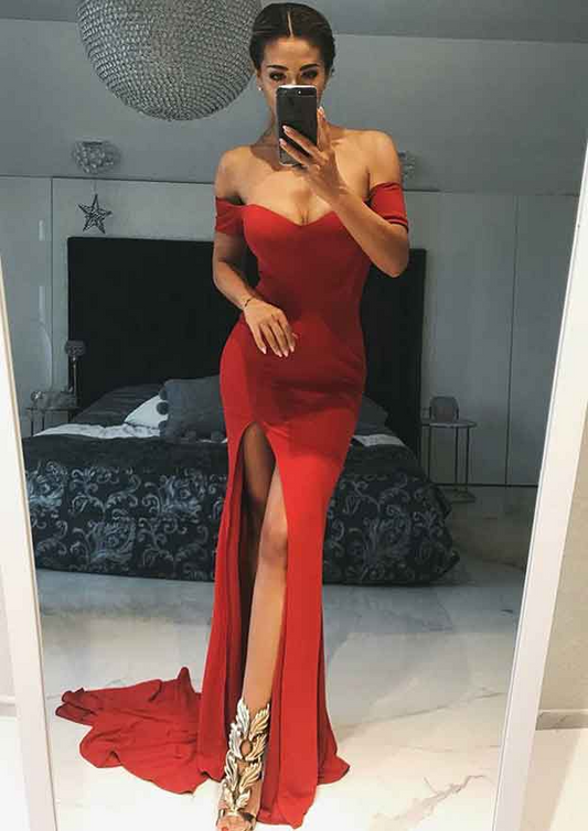 Short Sleeves Off-Shoulder Brush Train Long Slit Prom Dress