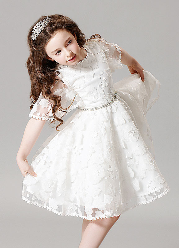 White Lace Bell Short Sleeves Short Kids Party Dress