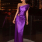 Satin Oblique Shoulder High Slit Long Prom Dress