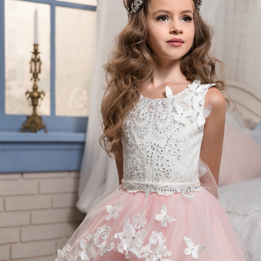 Mesh Lace Embroidered Sleeveless Kids Wedding Dress