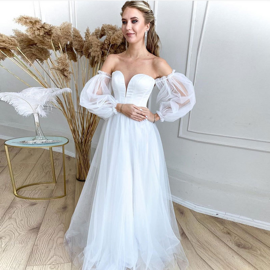 Ivory Off-Shoulder Long Puff Sleeves Wedding Dress