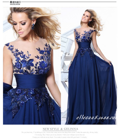 Blue Embroidered Sleeveless Backless Evening Dress