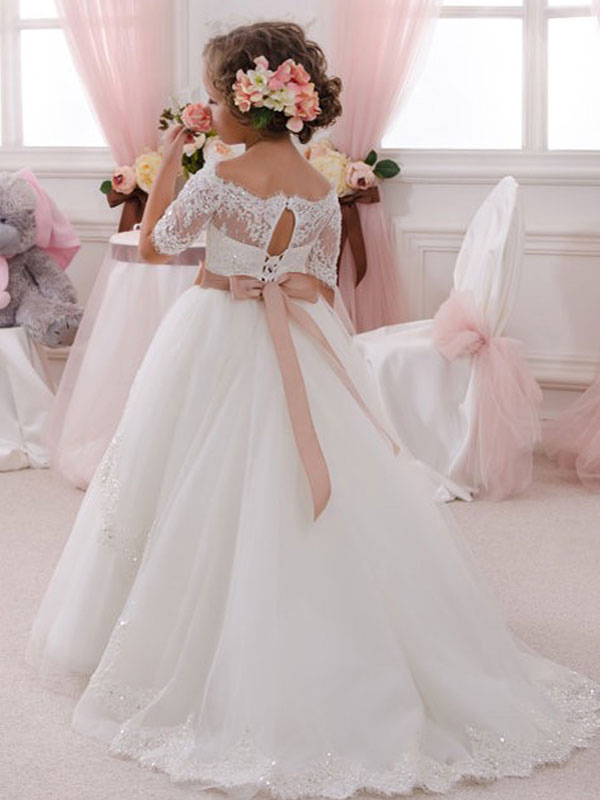 White Lace Off-Shoulder Short Sleeves Kids Wedding Dress