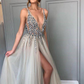 Cornsilk Sequin V Neck Backless Slit Long Prom Dress