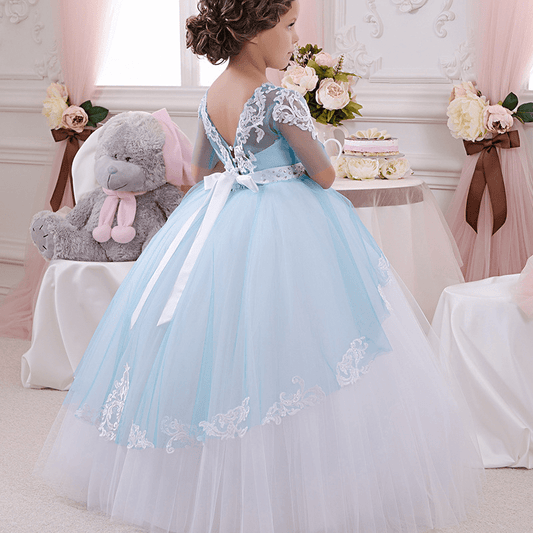 Alice Blue Lace Embroidered Full Sleeves Kids Wedding Dress