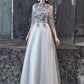 Light Gray Lace Flower Applique Half Sleeves Prom Dress