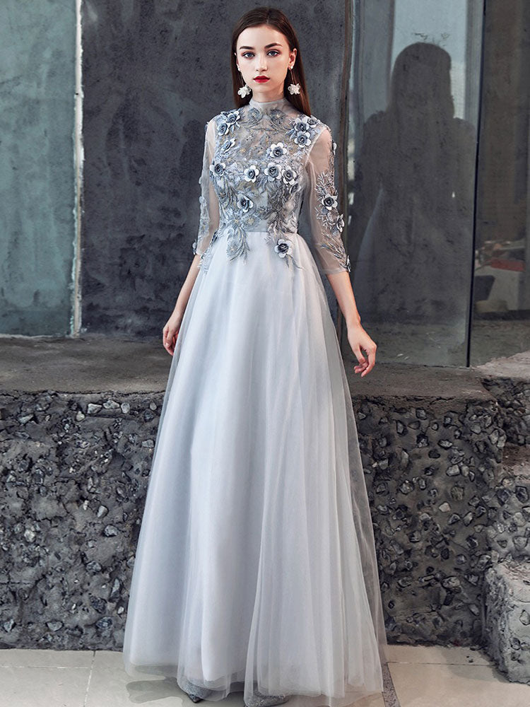 Light Gray Lace Flower Applique Half Sleeves Prom Dress