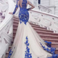 White Blue Embroidered Full Sleeves Long Prom Dress