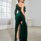 Velvet Oblique Shoulder Long Slit Evening Dress