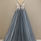 Appliqued Deep V Neck Long Prom Dress