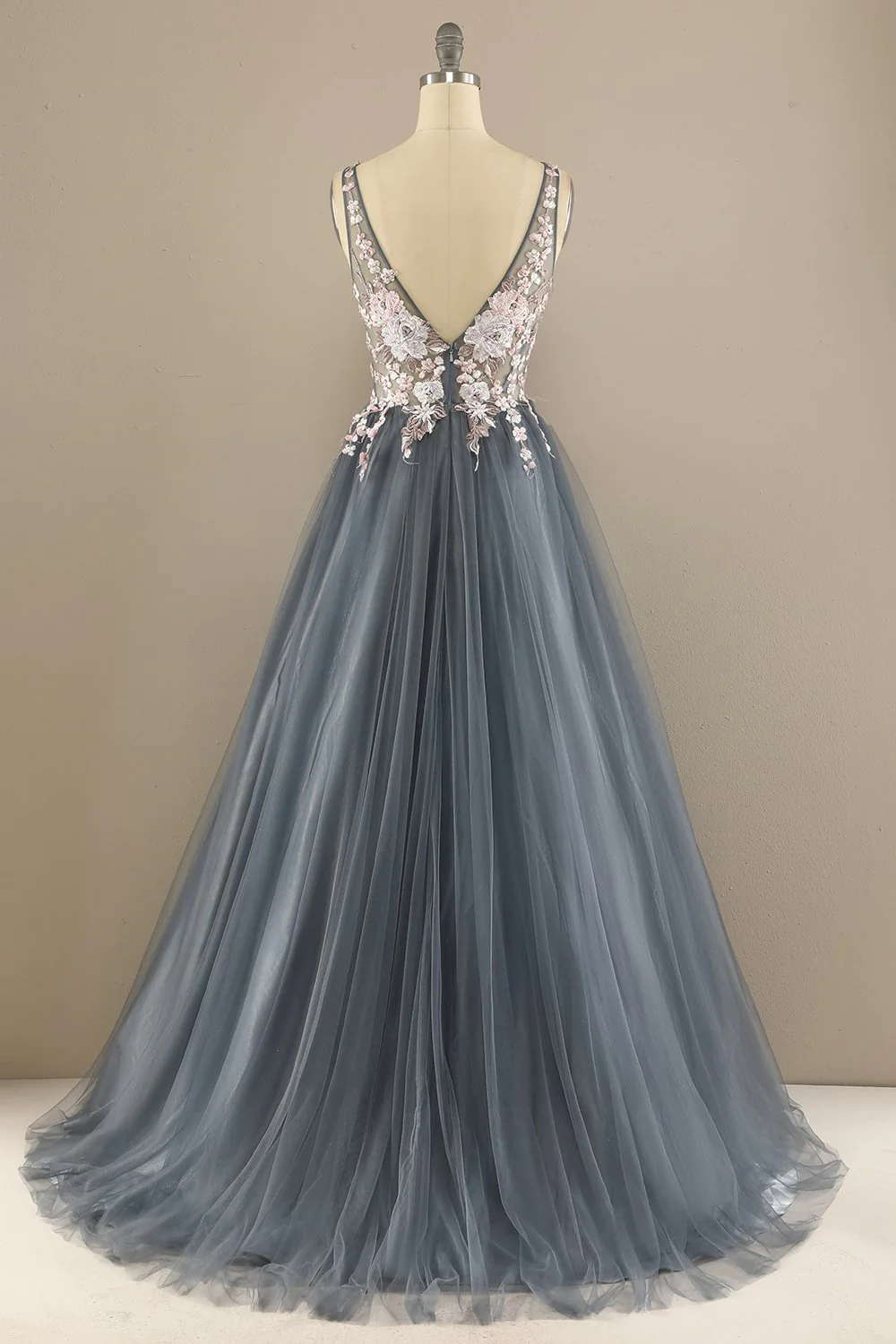 Appliqued Deep V Neck Long Prom Dress