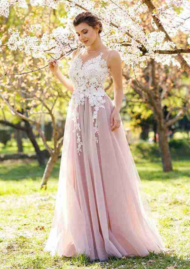 Peach Puff Appliqued Sleeveless Long Prom Dress