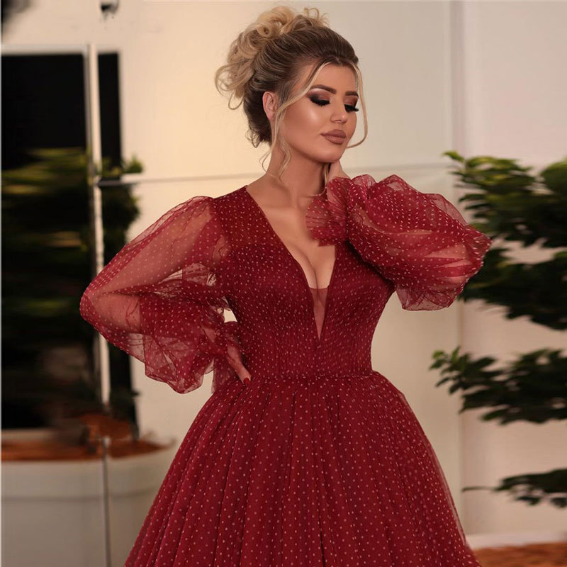 Deep V Neck Long Puff Sleeves Evening Dress