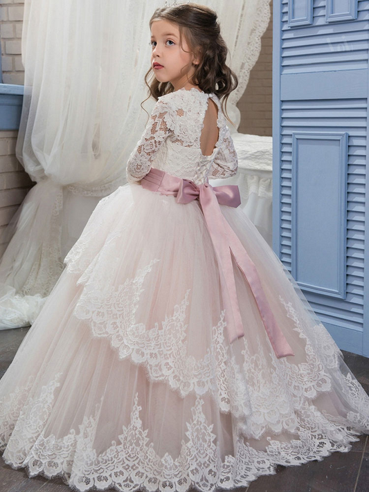 Lace Jewel Neck Long Sleeves Kids Wedding Dress