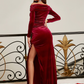 Velvet Full Sleeves Long Slit Evening Dress