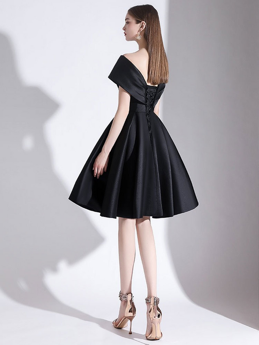 Black Satin V Neck Pleated Short Prom Dress