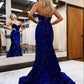 Blue Sequin Strapless Sleeveless Mermaid Long Evening Dress