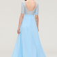 A-Line Sky Blue Lace Half Sleeves Maxi Bridesmaid Dress