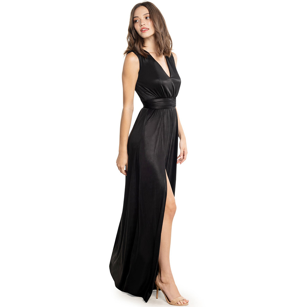 Black Satin Sleeveless Mermaid Long Evening Slit Dress