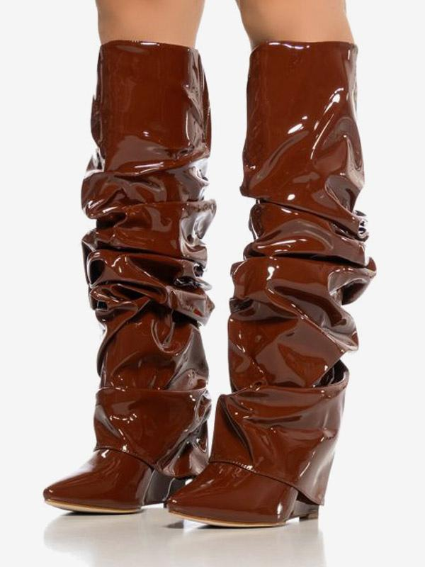 Stylish Pointed Toe Fold-Over Wedge Heel Knee-High Boots