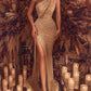 Champagne Sequin Oblique Shoulder Evening Dress