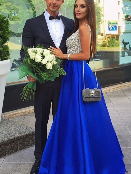 Satin Blue Deep V Neck Long Evening Dress