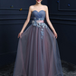 Steel Blue A-Line Applique Strapless Sleeves Prom Dress