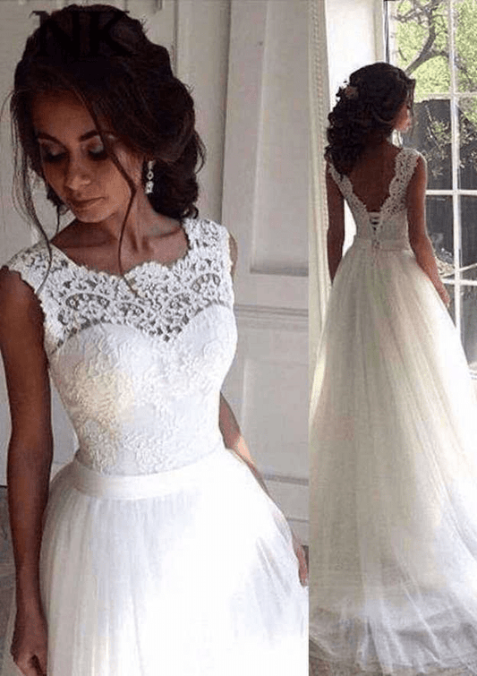 A-Line White Lace Sleeveless Long Wedding Dress