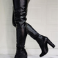 Black PU Leather Sky-High Chunky Heel Thigh-High Boots