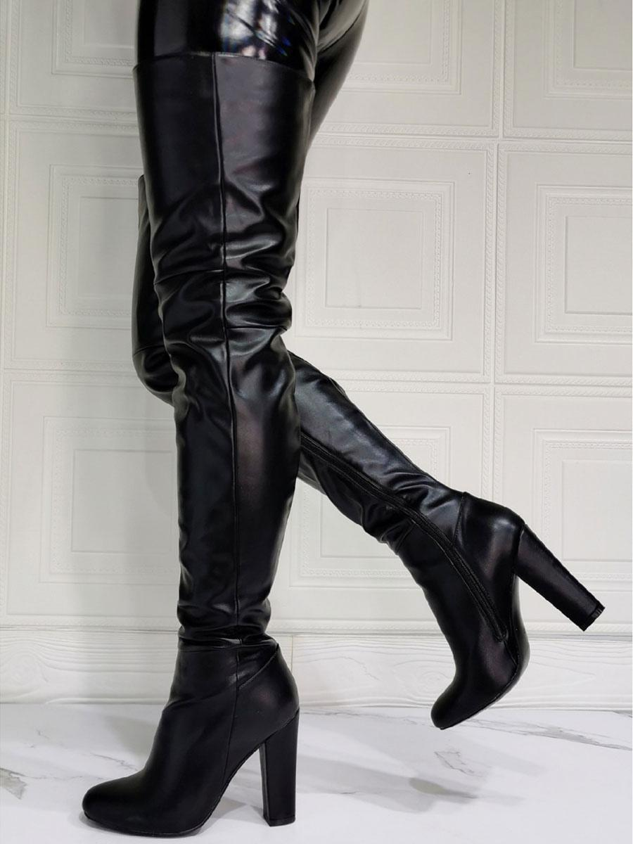 Black PU Leather Sky-High Chunky Heel Thigh-High Boots