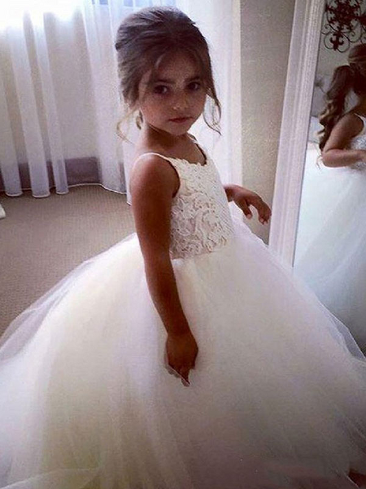 White Lace Spaghetti Strap Sleeveless Kids Wedding Dress