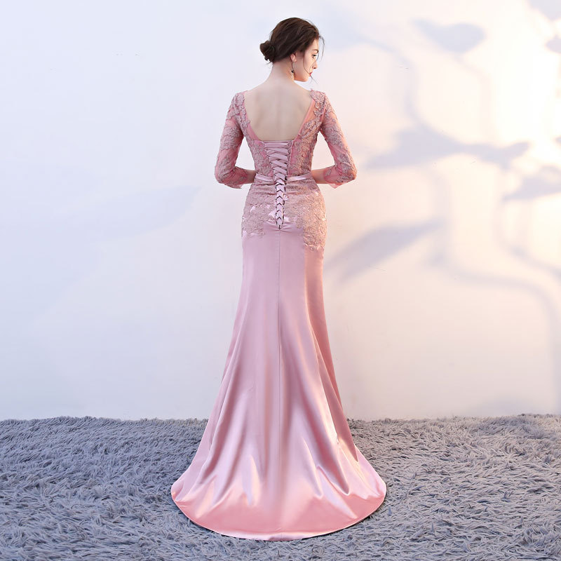 Pink Lace Embroidered Fishtail Evening Dress